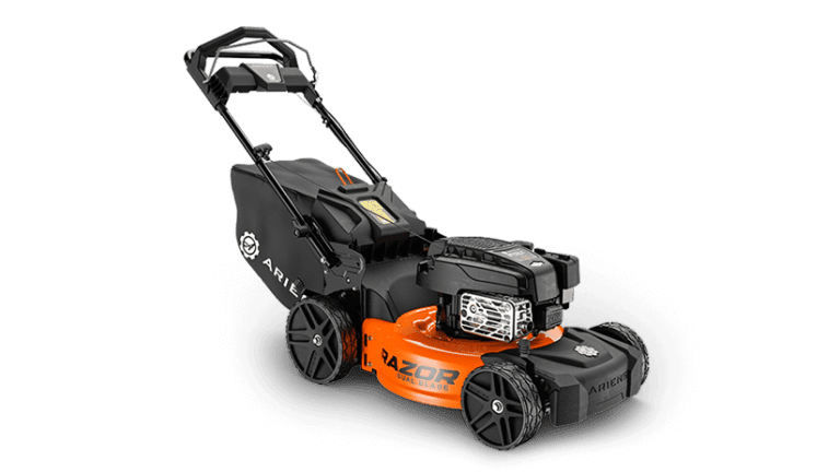 Ariens RAZOR REFLEX Dual Blade 21-inch self-propelled push mower with 190cc Briggs & Stratton engine, dual cutting blades, vertical storage, and durable 14-gauge steel deck.