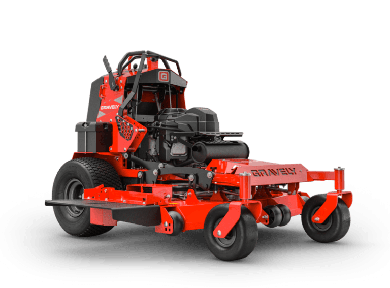 Gravely Z-Stance 32-inch stand-on commercial mower with durable cutting deck, compact design, and flip-up suspension platform for professional lawn maintenance.
