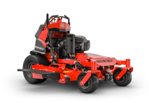 Gravely Z-Stance 48-inch stand-on mower with compact deck, flip-up suspension platform, and commercial-grade design for professional lawn care.