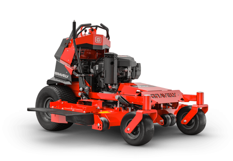Gravely Z-Stance 48-inch stand-on mower with compact deck, flip-up suspension platform, and commercial-grade design for professional lawn care.
