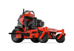 Gravely Pro-Stance 52 Kawasaki EFI stand-on mower with wide cutting deck, low center of gravity design, and adjustable operator platform for commercial lawn care use.