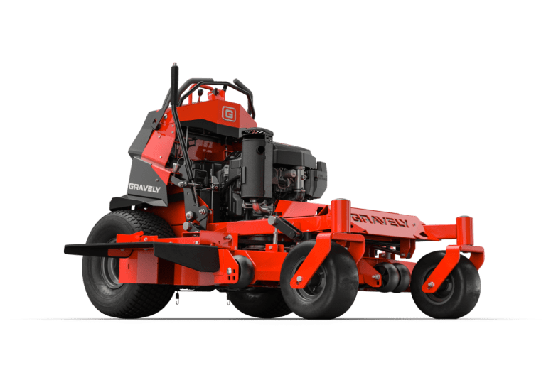 Gravely Pro-Stance 52 Kawasaki EFI stand-on mower with wide cutting deck, low center of gravity design, and adjustable operator platform for commercial lawn care use.