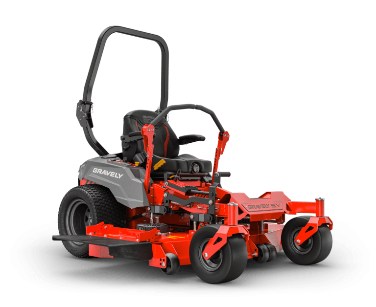 Gravely Pro-Turn EV 48-inch SD electric zero-turn mower with commercial deck, FusionCore battery system, and operator platform designed for quiet, all-day performance.