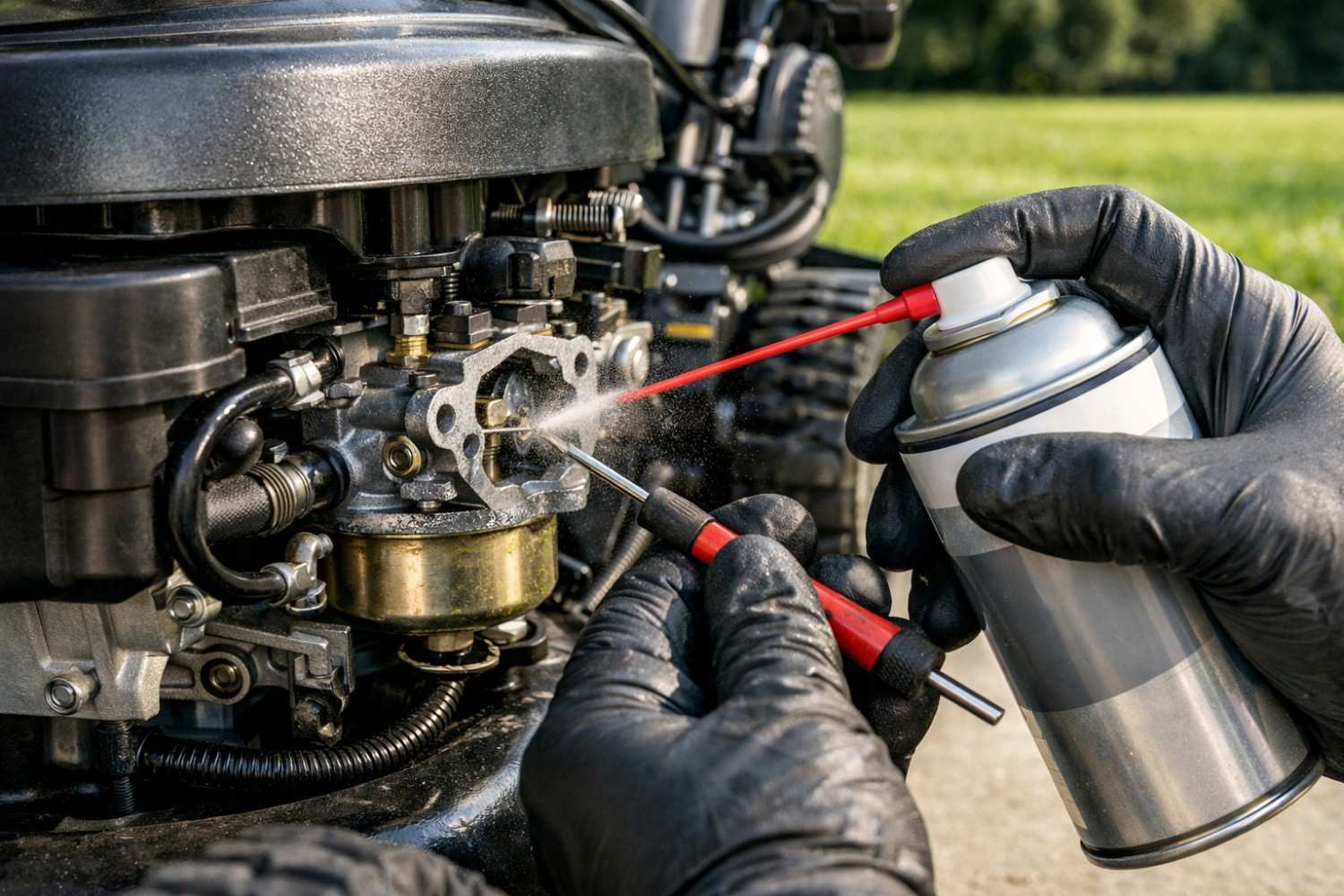 close photo of lawn mowers engine in carburator