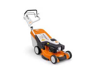 STIHL RM 655 V push lawn mower with Kohler HD engine, aluminum deck, Vario Drive self-propel system, and polymer grass bag for residential lawn care.