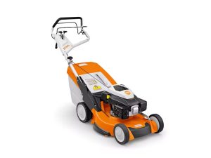 STIHL RM 655 YS push mower with hydrostatic gearbox, Kohler HD engine, aluminum mowing deck, and polymer grass bag for efficient residential lawn care.