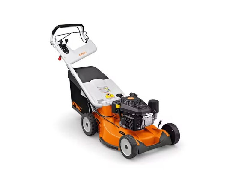 STIHL RM 756 YC push mower with 22-inch magnesium deck, Kohler Command Pro engine, hydrostatic drive, Blade Brake Clutch, and foldable fabric grass bag.
