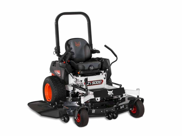 Bobcat 72-inch ZT5000 zero-turn mower with AirFX™ cutting deck, Kawasaki 23.5 hp engine, commercial-grade Hydro-Gear® transaxles, high-back suspension seat, and dual fuel tanks.